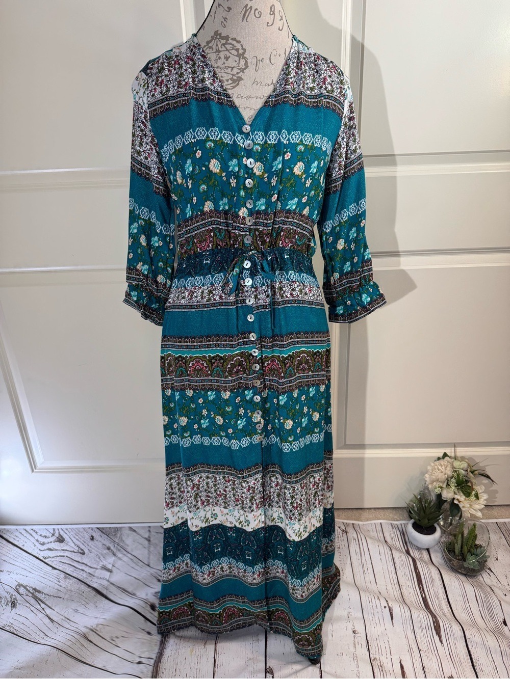 Teal Floral Button-Front Maxi Dress Cottagecore Boho Large - Picture 1 of 10